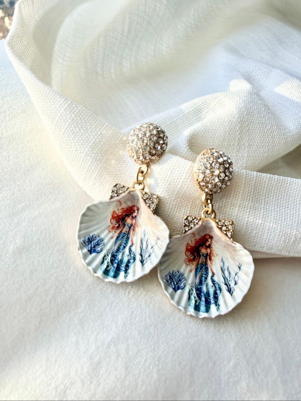 Ariel Little Mermaid Seashell Rhinestone Drop Earrings